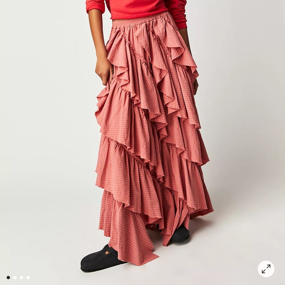 Free People Pink and Coral Ruffled Maxi Skirt